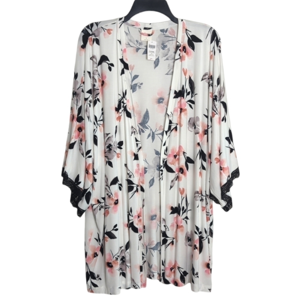 Soma Floral Lace Trim Stretchy Open Cardigan Robe Wrap Topper Ivory L